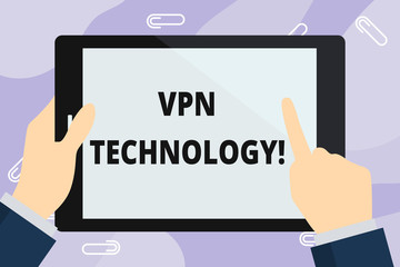 Handwriting text writing Vpn Technology. Conceptual photo programming that creates a safe and encrypted connection Hand Holding Pointing Touching Blank Rectangular Color Tablet White Screen