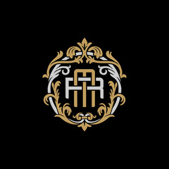 Initial letter R and M, RM, MR, decorative ornament emblem badge, overlapping monogram logo, elegant luxury silver gold color on black background