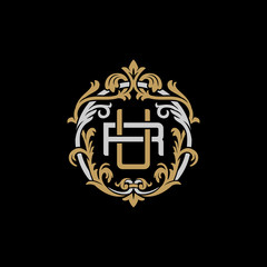 Initial letter R and U, RU, UR, decorative ornament emblem badge, overlapping monogram logo, elegant luxury silver gold color on black background © ariefpro