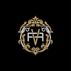Initial letter R and V, RV, VR, decorative ornament emblem badge, overlapping monogram logo, elegant luxury silver gold color on black background