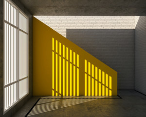 3d rendering of loft style, yellow upstair and white brick wall