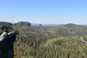 Panorama of Elbe Sandstone Mountains in beautiful Saxon Switzerland near Bohemian Switzerland in Germany