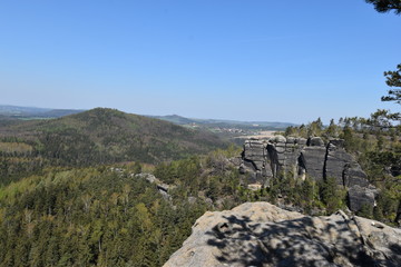 Fototapeta premium Panorama of Elbe Sandstone Mountains in beautiful Saxon Switzerland near Bohemian Switzerland in Germany