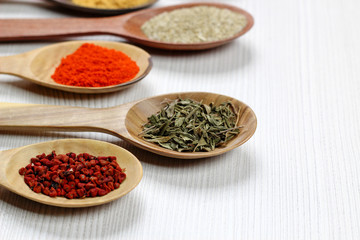 selective focus on Assortment of spices in wooden spoons, white background