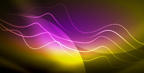 Glowing abstract wave on dark, shiny motion, magic space light. Techno abstract background