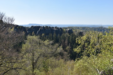 Fototapeta premium Panorama of Elbe Sandstone Mountains in beautiful Saxon Switzerland near Bohemian Switzerland in Germany