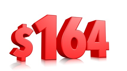 164$ One hundred sixty four price symbol. red text number 3d render with dollar sign on white background