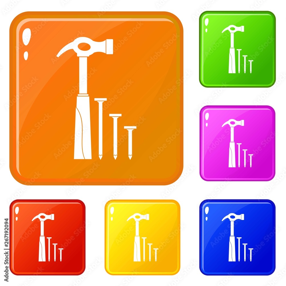 Poster hammer and nails icons set collection vector 6 color isolated on white background