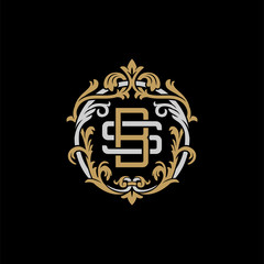 Initial letter S and B, SB, BS, decorative ornament emblem badge, overlapping monogram logo, elegant luxury silver gold color on black background