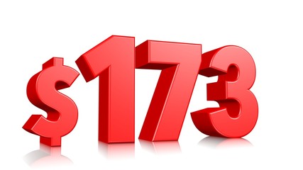 173$ One hundred seventy three price symbol. red text number 3d render with dollar sign on white background
