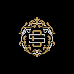 Initial letter S and C, SC, CS, decorative ornament emblem badge, overlapping monogram logo, elegant luxury silver gold color on black background