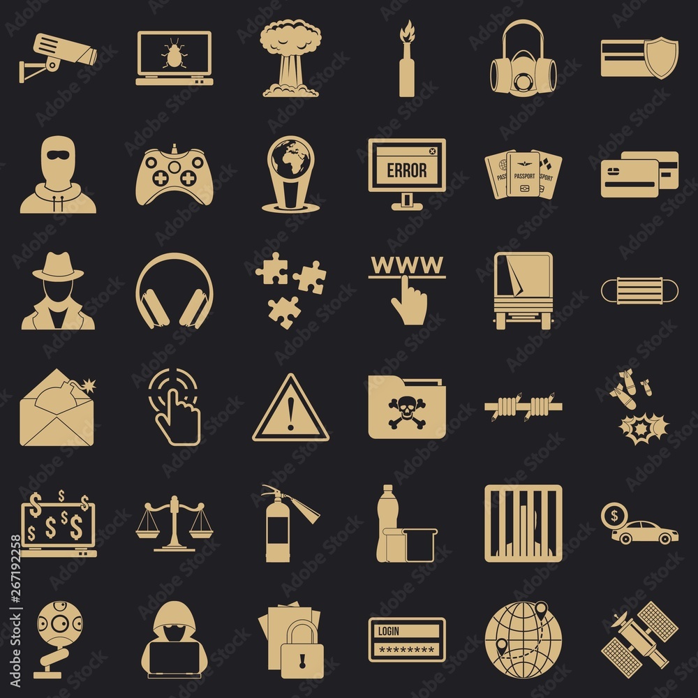 Poster hacking icons set. simple style of 36 hacking vector icons for web for any design