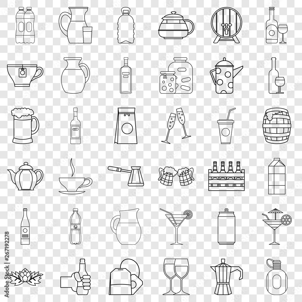 Poster beverage icons set. outline style of 36 beverage vector icons for web for any design