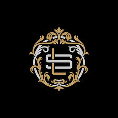Initial letter S and L, SL, LS, decorative ornament emblem badge, overlapping monogram logo, elegant luxury silver gold color on black background