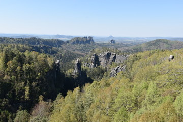 Fototapeta premium Panorama of Elbe Sandstone Mountains in beautiful Saxon Switzerland near Bohemian Switzerland in Germany