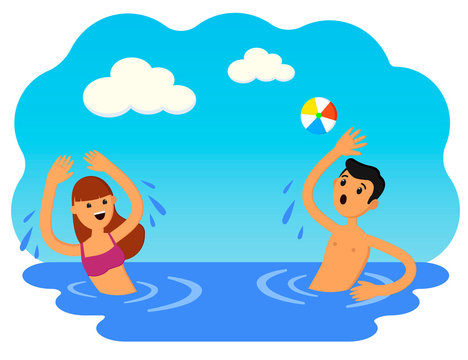 boy and girl play ball in the sea vector illustration