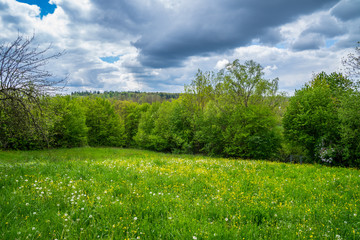 Dramatic sky of thunderstorm clouds over green nature landscape in springtime season