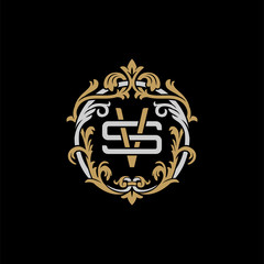 Initial letter S and V, SV, VS, decorative ornament emblem badge, overlapping monogram logo, elegant luxury silver gold color on black background