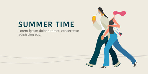 Couple walking in the street during summer vector illustration, banner