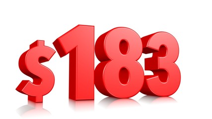 183$ One hundred eighty three price symbol. red text number 3d render with dollar sign on white background