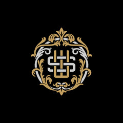Initial letter S and W, SW, WS, decorative ornament emblem badge, overlapping monogram logo, elegant luxury silver gold color on black background