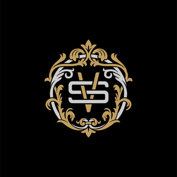 Initial letter S and V, SV, VS, decorative ornament emblem badge, overlapping monogram logo, elegant luxury silver gold color on black background