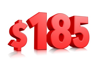 185$ One hundred eighty five price symbol. red text number 3d render with dollar sign on white background