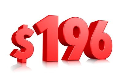196$ One hundred and ninety six price symbol. red text number 3d render with dollar sign on white background