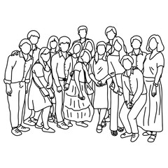 fifteen people standing together vector illustration sketch doodle hand drawn with black lines isolated on white background. Teamwork or family concept.
