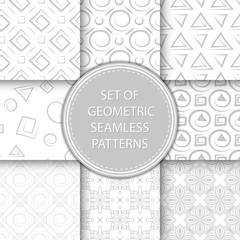 Compilation of seamless patterns. Gray abstract and geometric prints on white backgrounds