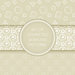 Compilation of geometric seamless patterns. White designs on olive green background