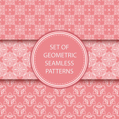 Compilation of seamless patterns. Oriental ethnic white prints on pink background