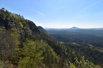 Fototapeta premium Panorama of Elbe Sandstone Mountains in beautiful Saxon Switzerland near Bohemian Switzerland in Germany