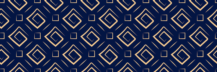Geometric print. Golden pattern on long dark blue seamless background