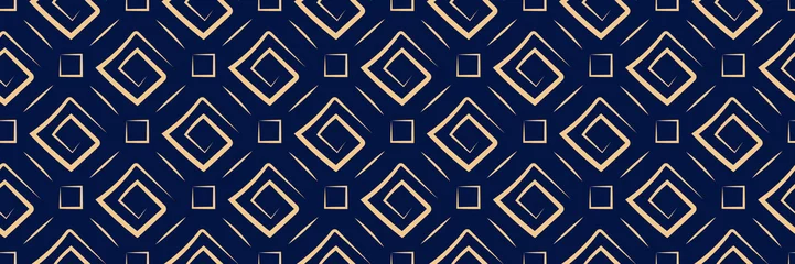 Fotobehang Donkerblauw Geometrische afdruk. Gouden patroon op lange donkerblauwe naadloze achtergrond