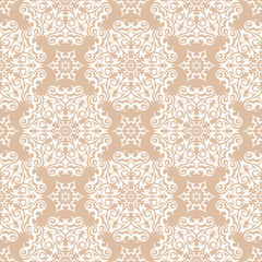 White seamless pattern on brown beige background. Floral design