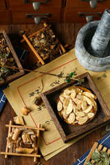 Chinese traditional herbal medicine in steelyard. Translation reads as chinese herbal therapy.