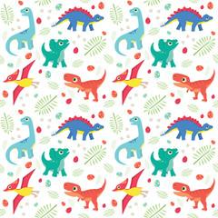Cute Colorful Baby Dinosaurs on White Background Seamless Pattern Flat Vector Illustration © Kristina Jovanovic