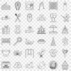 Birthday icons set. Outline style of 36 birthday vector icons for web for any design