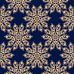 Floral seamless pattern. Golden flowers on dark blue background