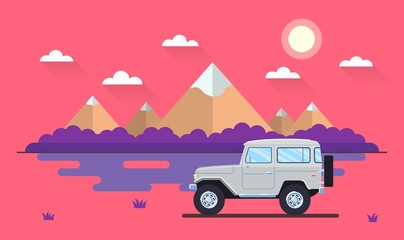 Outdoor car travel concept. Offroad suv landscape. Summer auto adventure trip backgrounds. Flat style. Vector illustration.