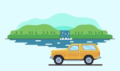 Outdoor car travel concept. Offroad suv landscape. Summer auto adventure trip backgrounds. Flat style. Vector illustration.