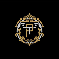 Initial letter T and P, TP, PT, decorative ornament emblem badge, overlapping monogram logo, elegant luxury silver gold color on black background