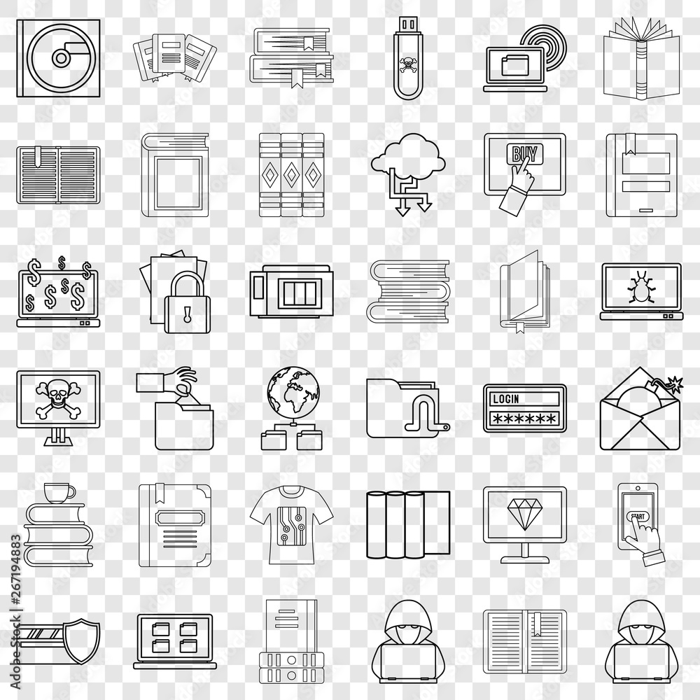 Poster book icons set. outline style of 36 book vector icons for web for any design