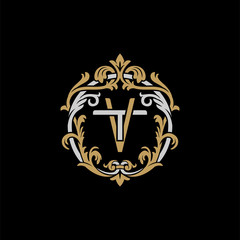 Initial letter T and V, TV, VT, decorative ornament emblem badge, overlapping monogram logo, elegant luxury silver gold color on black background
