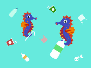 ocean plastic pollution concept. sea horse holding plastic garbage. vector illustration.