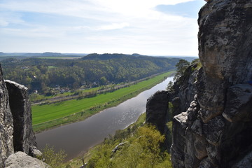 Panorama of Elbe River in the Elbe Sandstone Mountains in beautiful Saxon Switzerland near Bohemian Switzerland in Germany