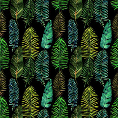 Tropical summer. Watercolor illustration. Beautiful postcard for you, handmade. Background white. Different leaves, set. seamless pattern, dark  background