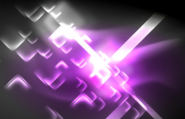 Neon square and line lights on dark background with blurred effects