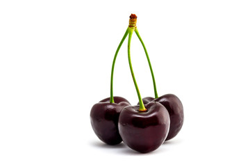drei leckere Kirschen vor weißem Hintergrund